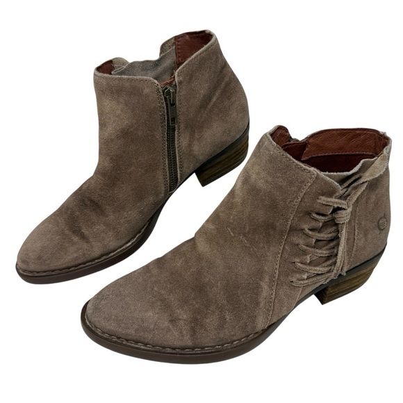Born Bessie Taupe Suede Ankle Boots F36455 Sz 8.5 Low Heel Side Zip Lace Details - Picture 3 of 13